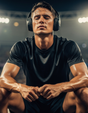 Athlete meditating with headphones on.